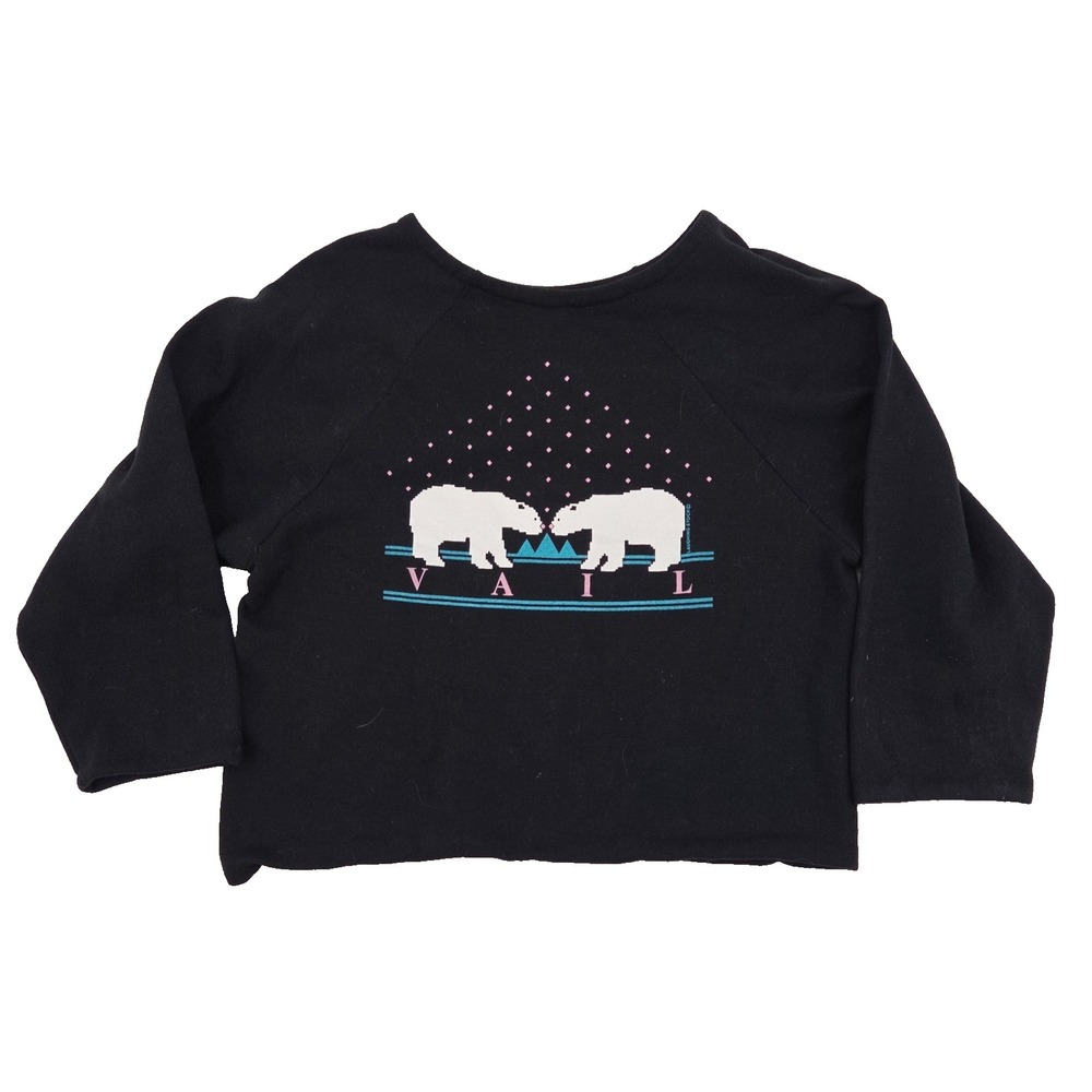 VTG Womens Vail Colorado Cropped Sweatshirt Black Graphic Polar Bear M L